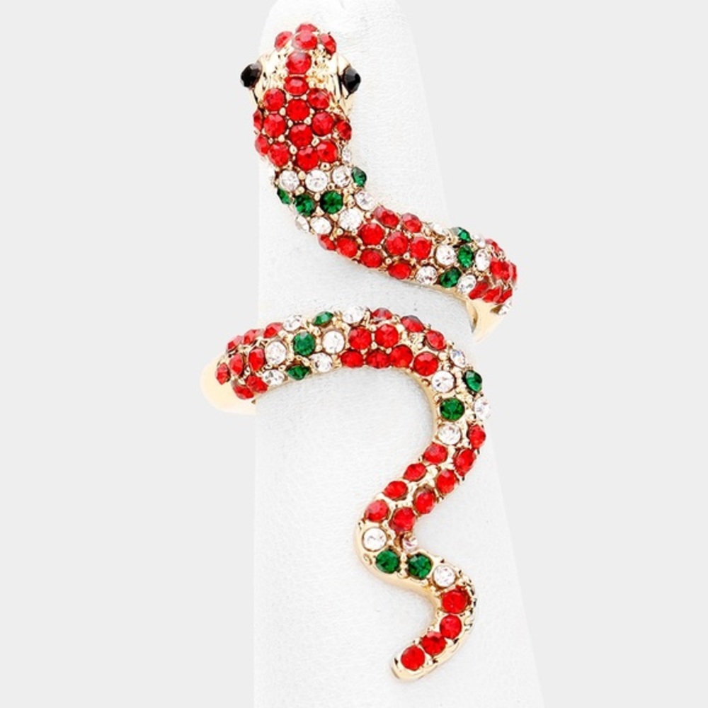 Gold rhinestone coil snake ring red green shiny stones